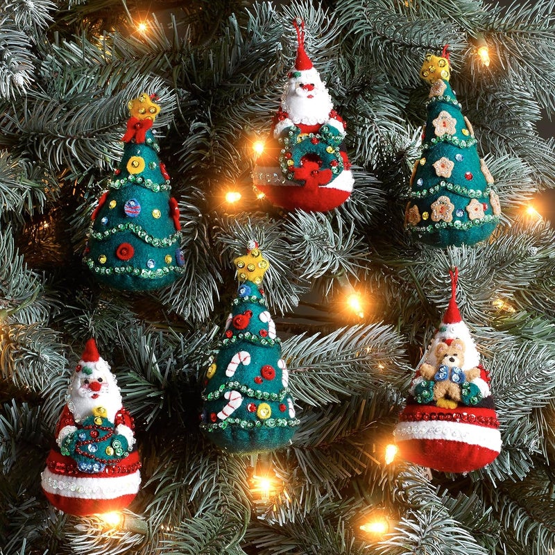 Bucilla, Santa's Tree Treasures Set of 6 Felt Applique Ornament Making Kit, Perfect for DIY Needlepoint Arts and Crafts, 89489E - Image 5