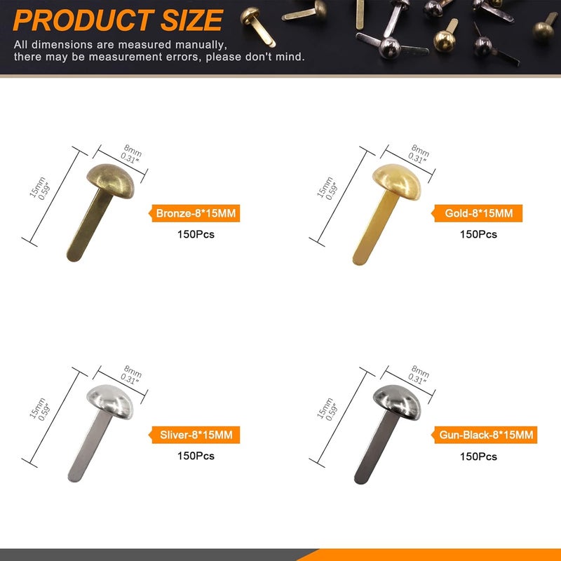 Rustark 600PCS 4 Colors Paper Fasteners Round Brass Brads Fasteners Assortment Kit 8x15mm Mushroom Head Paper Fasteners Brass Metal Brads Scrapbooking Decorative Paper Crafts School DIY Project - Image 2