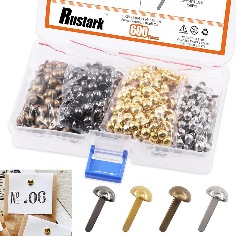 Rustark 600PCS 4 Colors Paper Fasteners Round Brass Brads Fasteners Assortment Kit 8x15mm Mushroom Head Paper Fasteners Brass Metal Brads Scrapbooking Decorative Paper Crafts School DIY Project - Image 1