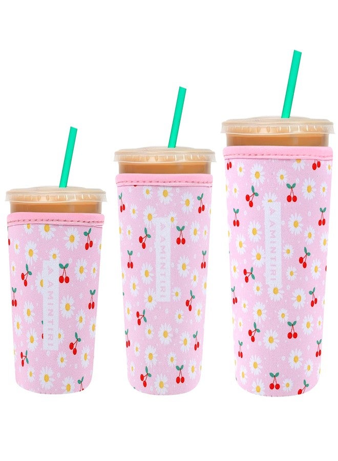Amintiri Iced Coffee & Cold Soda Insulated Neoprene Cup Sleeve, 3 Pack Reusable Insulator Sleeve for Cold & Hot Drinks, Cold Beverage Cozy Sleeve Compatible with Starbucks Dunkin. (Cherry&Daisy) - Image 1
