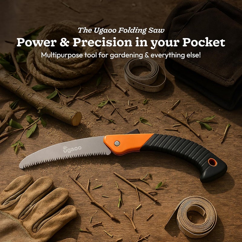 Ugaoo قاطع نباتات قابل للطي عالي التحمل | منشار خارجي بشفرة من الصلب الكربوني بطول 18 سم | منشار تخييم للخشب وإصلاح الفناء | منشار يدوي قابل للطي مع قفل ومقبض غير قابل للانزلاق - Image 2