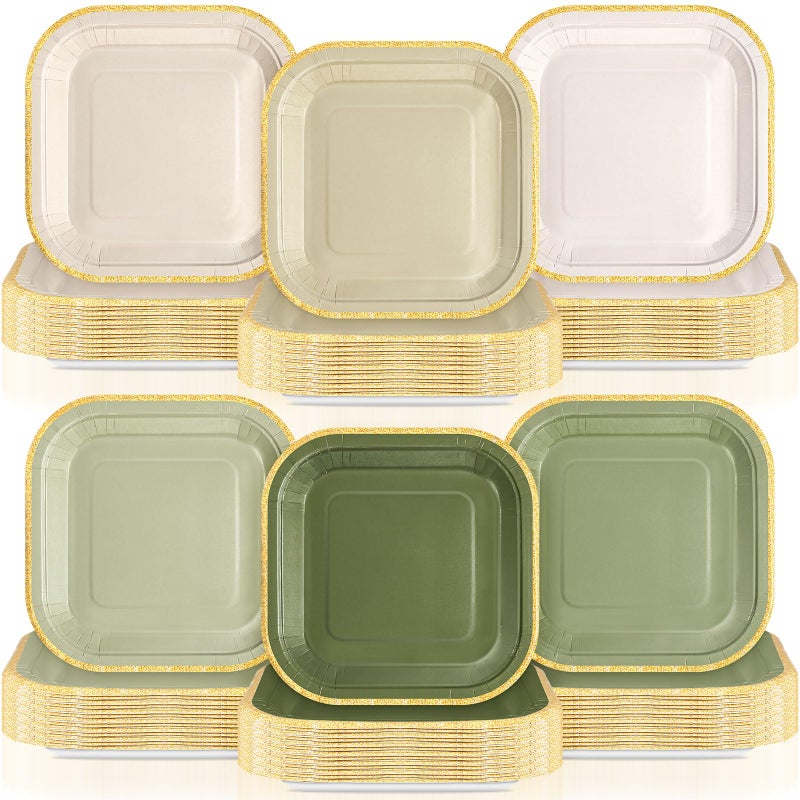Tiangrid 60 Pcs Sage Green Paper Plates 7 Inch Gradient Green Disposable Square Dessert Party Plates with Gold Edge for Birthday Wedding Bridal Baby Shower Party Supplies  6 Colors - Image 1