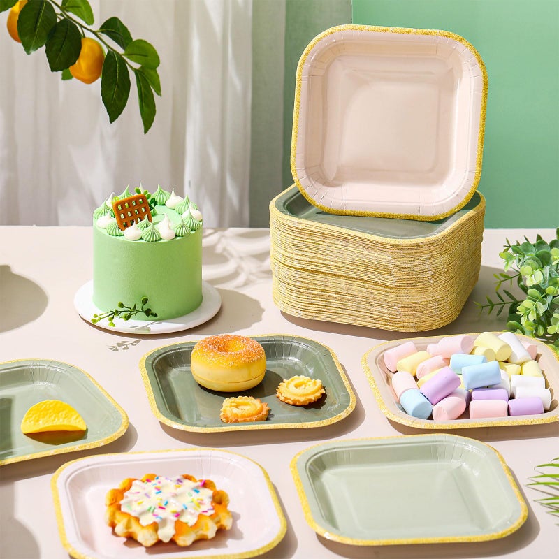 Tiangrid 60 Pcs Sage Green Paper Plates 7 Inch Gradient Green Disposable Square Dessert Party Plates with Gold Edge for Birthday Wedding Bridal Baby Shower Party Supplies  6 Colors - Image 2