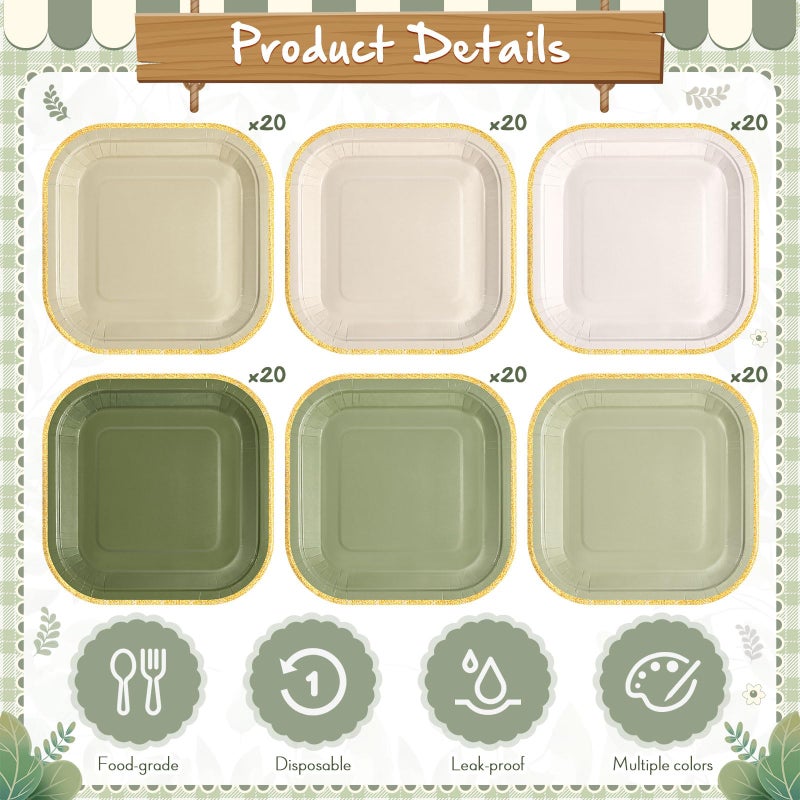 Tiangrid 60 Pcs Sage Green Paper Plates 7 Inch Gradient Green Disposable Square Dessert Party Plates with Gold Edge for Birthday Wedding Bridal Baby Shower Party Supplies  6 Colors - Image 4