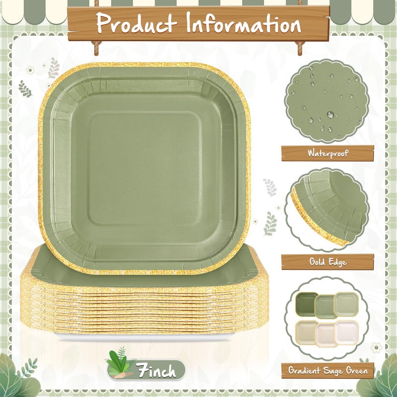 Tiangrid 60 Pcs Sage Green Paper Plates 7 Inch Gradient Green Disposable Square Dessert Party Plates with Gold Edge for Birthday Wedding Bridal Baby Shower Party Supplies  6 Colors - Image 3