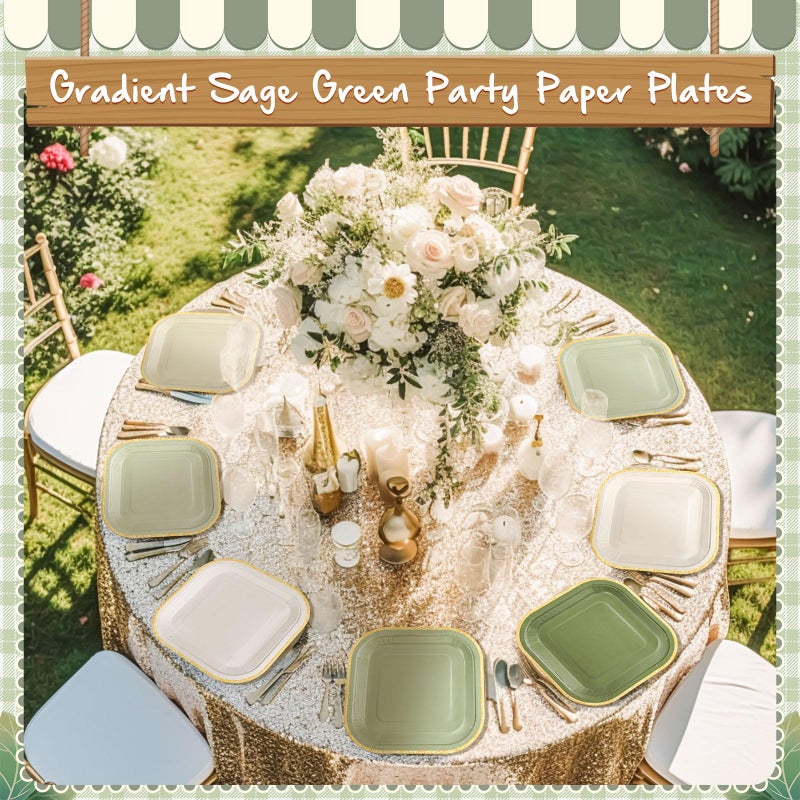 Tiangrid 60 Pcs Sage Green Paper Plates 7 Inch Gradient Green Disposable Square Dessert Party Plates with Gold Edge for Birthday Wedding Bridal Baby Shower Party Supplies  6 Colors - Image 5