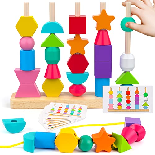 Hieoby Montessori Wooden Beads Sequencing Toy Set Stacking Blocks Lacing Beads Matching Shape Stacker for 2 3 4 5 Year Old STEM Preschool Learning Montessori Toys Gifts for Kids Boy Girl Toddler - Image 1