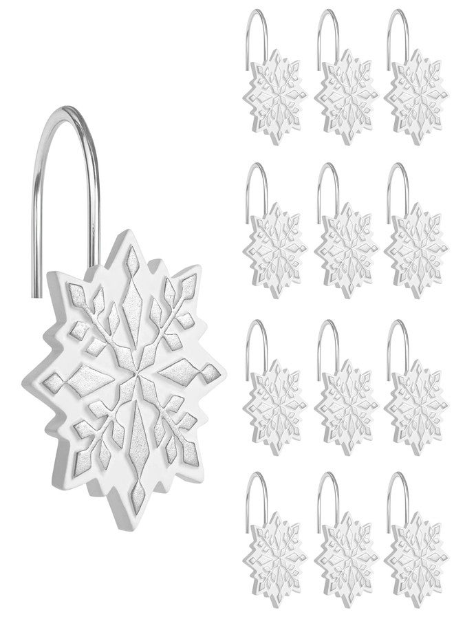 Sunlit Christmas Shower Curtain Hooks Silver Snowflakes Shower Curtain Rings, Resin, White and Silver Christmas Decor, Winter Bathroom Decoration - 12 Pac - Image 1