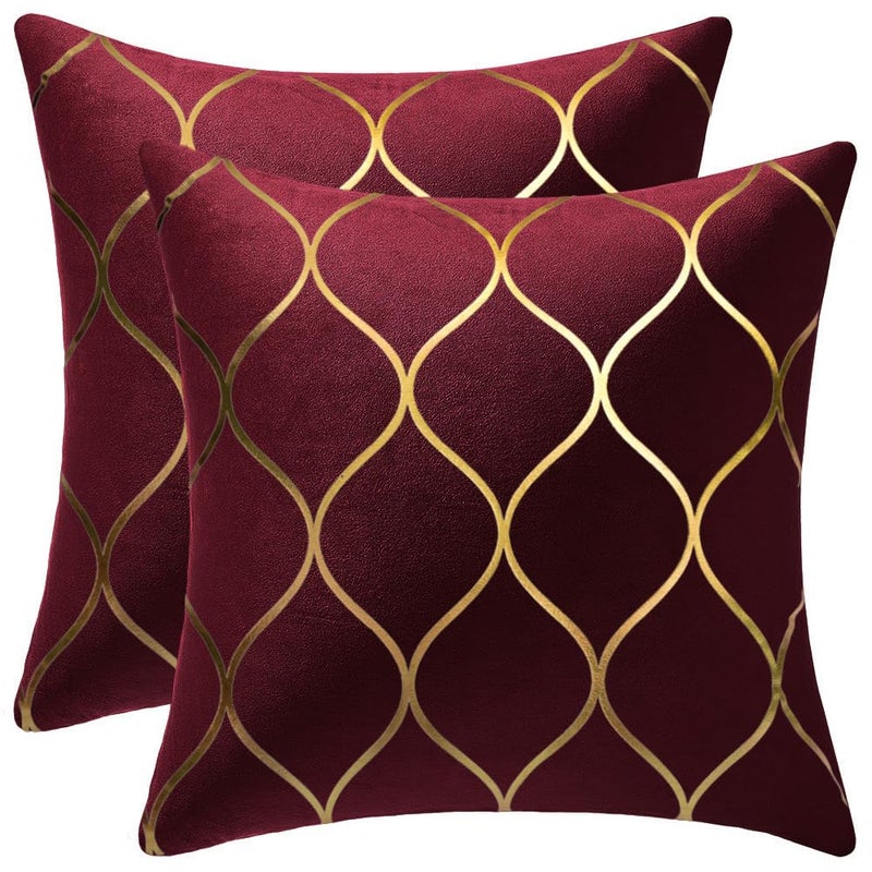 DEZENE Gold Velvet Throw Pillow Covers 2 Pack 20x20 Inch Square Decorative Pillow Cases for Bedroom Sofa Couch Living Room Burgundy Red