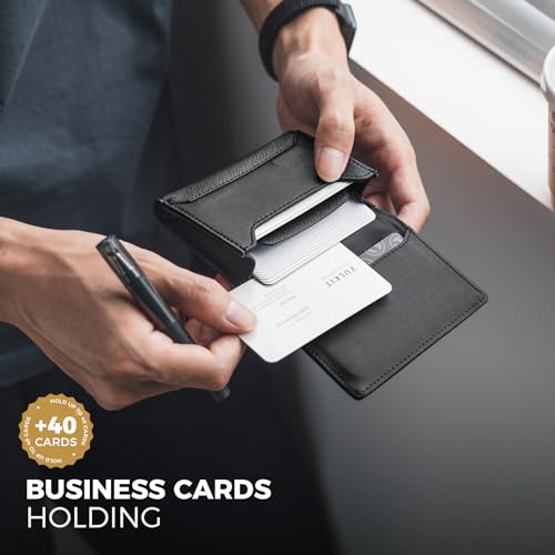 VULKIT Business Card Holder Premium Leather RFID Blocking Card Case With ID Window Magnetic Closure Holds Up to 40 Business Cards - Image 2