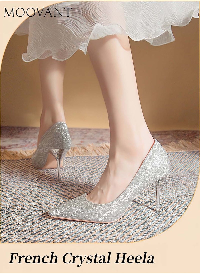 Moovant Women's High Heels Pumps, Closed Pointed Toe Stiletto, 6CM Heels Dress Wedding Shoes, Ladies Glitter Crystal Heels, Fashion Women's Party Shoes, Silver - Image 1