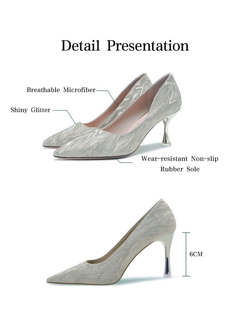 Moovant Women's High Heels Pumps, Closed Pointed Toe Stiletto, 6CM Heels Dress Wedding Shoes, Ladies Glitter Crystal Heels, Fashion Women's Party Shoes, Silver - Image 5