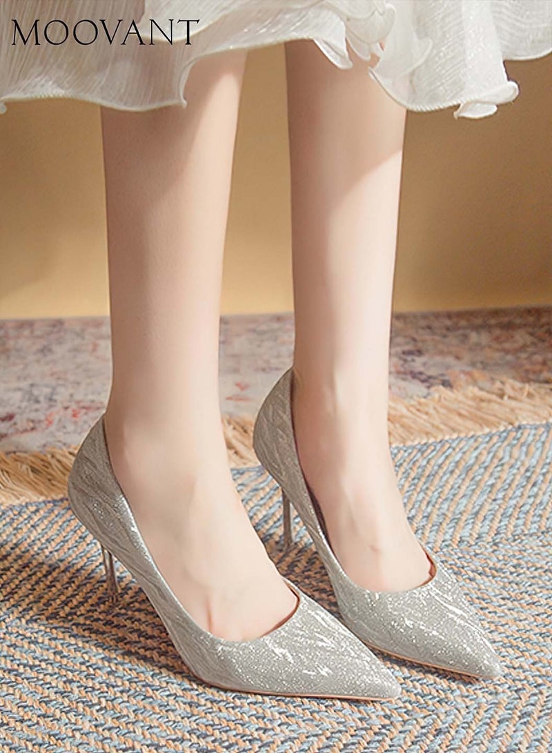 Moovant Women's High Heels Pumps, Closed Pointed Toe Stiletto, 6CM Heels Dress Wedding Shoes, Ladies Glitter Crystal Heels, Fashion Women's Party Shoes, Silver - Image 3