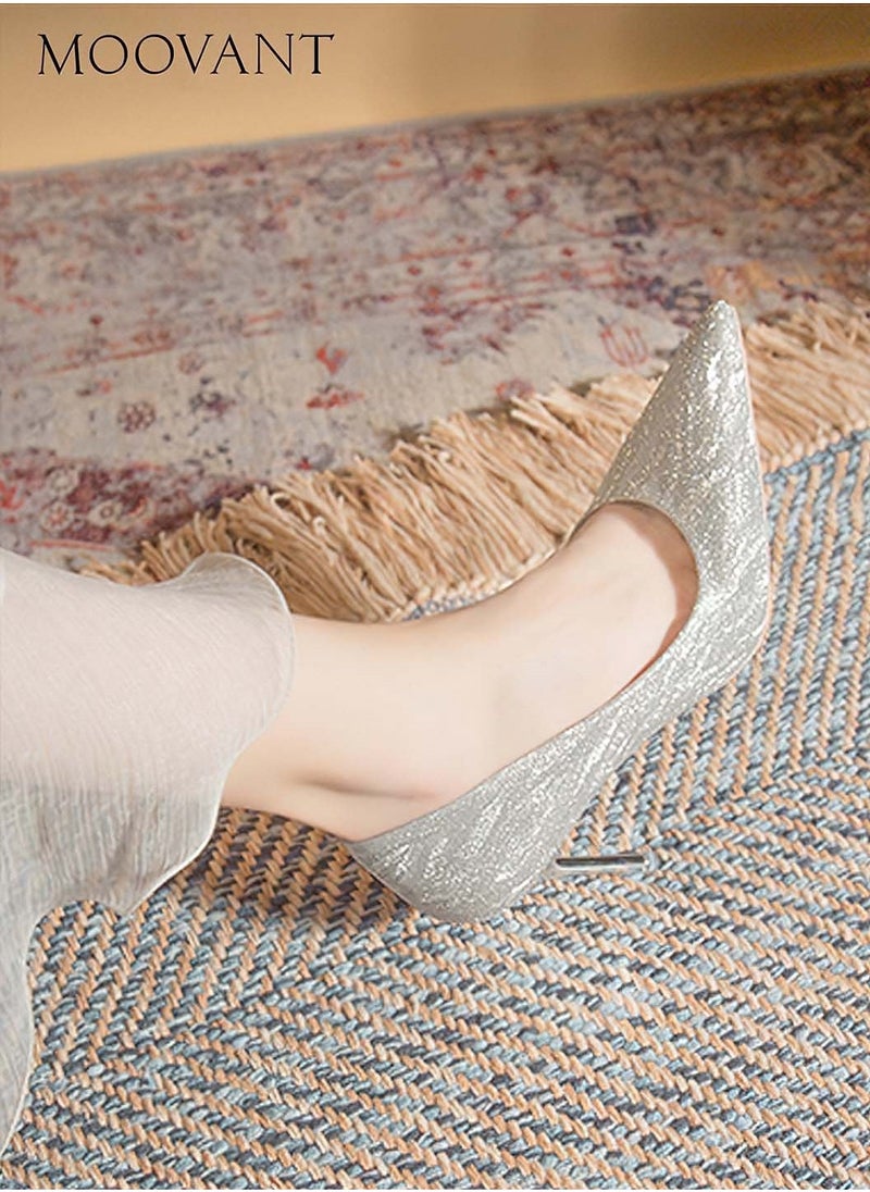 Moovant Women's High Heels Pumps, Closed Pointed Toe Stiletto, 6CM Heels Dress Wedding Shoes, Ladies Glitter Crystal Heels, Fashion Women's Party Shoes, Silver - Image 4