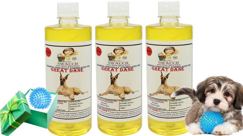 swacch Shampoo | Puppy Safe Shampoo | PH Balanced | Ditch to Itch for Great Dane Dog Shampoo 500ml Pack of 3 (Lemon) + Spike Ball Chew Toy Combo Pack - Image 1