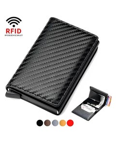 Generic Minimalist Wallet Slim Carbon Fiber Design RFID Blocking With Automatic Pop-up Aluminum Credit Card Holder And Money Clip For Men And Women - Faux Leather, Black, Minimalist For 10-12 Cards, Men's Slim Pop-up Wallet, ID Pocket, Smart Wallet, RFID Blocking, Front Pocket, Cash Slot, Easily Removable Money And Cards, Carbon Fiber., Carbon Black, Modern  - Image 1