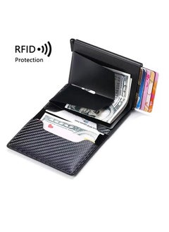 Generic Minimalist Wallet Slim Carbon Fiber Design RFID Blocking With Automatic Pop-up Aluminum Credit Card Holder And Money Clip For Men And Women - Faux Leather, Black, Minimalist For 10-12 Cards, Men's Slim Pop-up Wallet, ID Pocket, Smart Wallet, RFID Blocking, Front Pocket, Cash Slot, Easily Removable Money And Cards, Carbon Fiber., Carbon Black, Modern  - Image 3