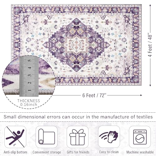 Amearea Vintage Design Area Rugs for Living Room 4x6 Machine Washable Floral Collection Traditional Bedroom Rug Low Pile Cute Kids Room Print Carpet No Slip Office Kitchen Home Decor Purple - Image 3