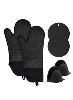 XiuWoo Silicone Oven Mitts and Pot Holders Set, Heat Resistant Mittens with Mini Gloves Hot Pads, for Kitchen Baking Cooking, Quilted Liner, Black,Pack of 6  - Image 1