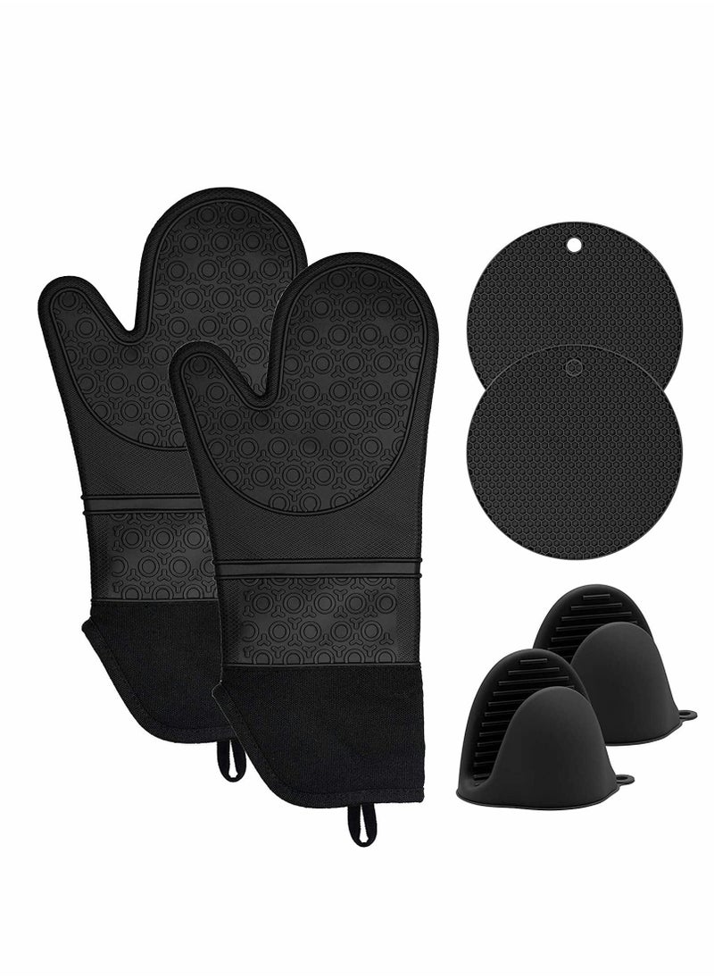 XiuWoo Silicone Oven Mitts and Pot Holders Set, Heat Resistant Mittens with Mini Gloves Hot Pads, for Kitchen Baking Cooking, Quilted Liner, Black,Pack of 6  - Image 1