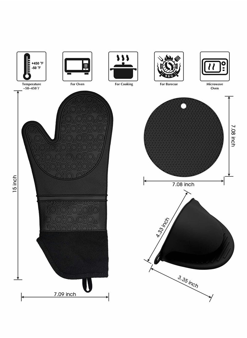 XiuWoo Silicone Oven Mitts and Pot Holders Set, Heat Resistant Mittens with Mini Gloves Hot Pads, for Kitchen Baking Cooking, Quilted Liner, Black,Pack of 6  - Image 2