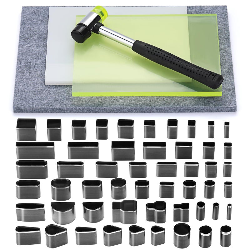 Yizzvb 52 Shape Style Leather Hole Punch Tool, Leather Punch Mat, 3 Pcs Craft Punching Pad with Nylon Hammer and Sound Absorbing Pad for DIY Crafts - Image 1