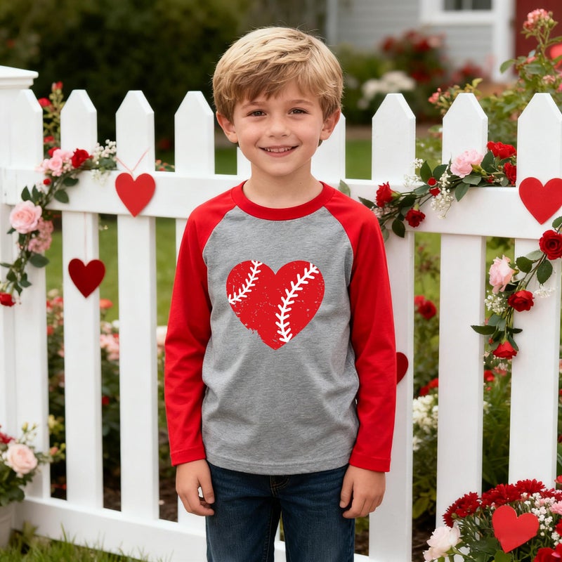 Joctoh Big Boys Girls Valentine's Shirts Red Grey Raglan Long Sleeve Tees Kids Baseball T-Shirt Retro Love Heart Clothes Tops 11-12 Years - Image 3
