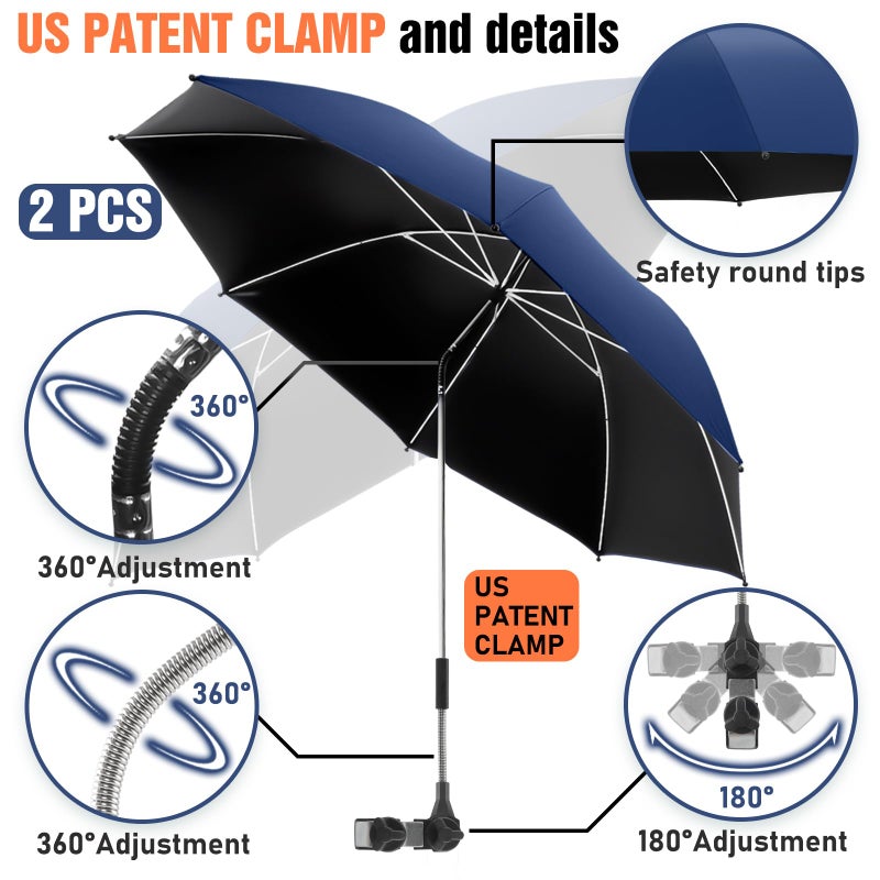 NBtoUS 2 PACK Chair Beach Umbrella with Clamp, 360 Â° Adjustable Umbrellas for Chair, UPF50+ Umbrellafor Beach Chair, Patio Chair, Camping Chairï¼ˆInk Blue, Chair Not Included - Image 3