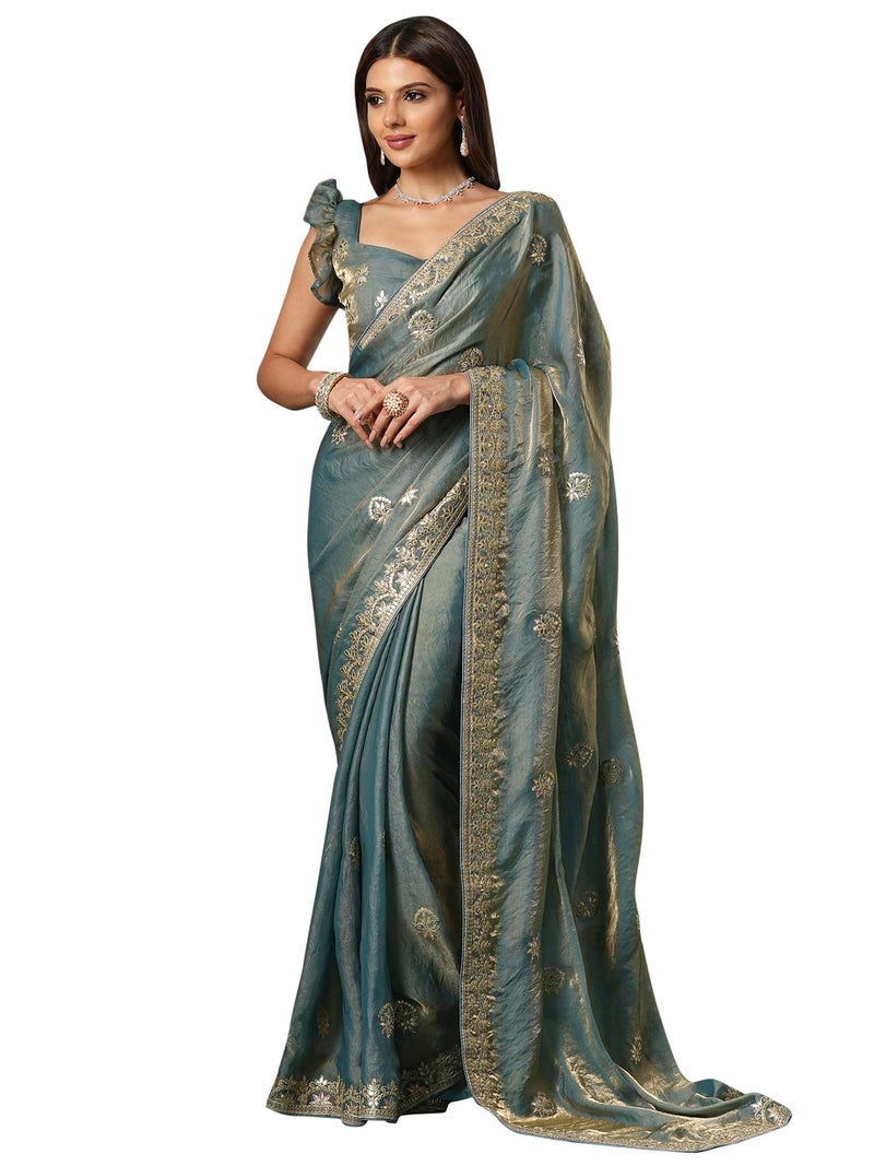 SAREE MALL Women's Teal blue Satin Silk Embroidered Saree With Unstitched Blouse (KRIYNS4003_KH) - Image 1