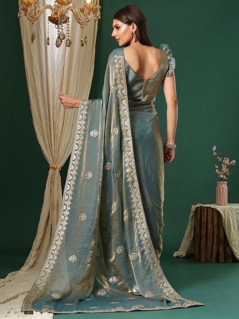 SAREE MALL Women's Teal blue Satin Silk Embroidered Saree With Unstitched Blouse (KRIYNS4003_KH) - Image 2