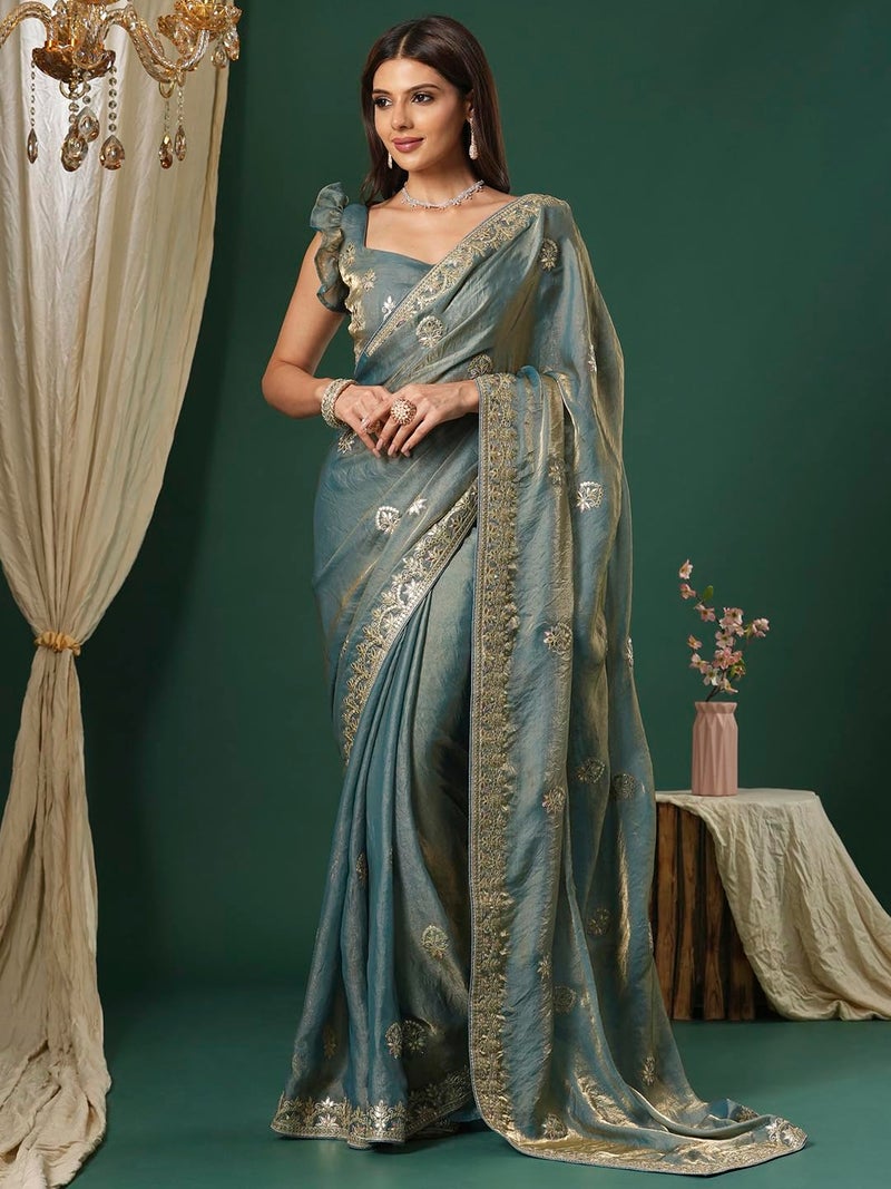 SAREE MALL Women's Teal blue Satin Silk Embroidered Saree With Unstitched Blouse (KRIYNS4003_KH) - Image 3