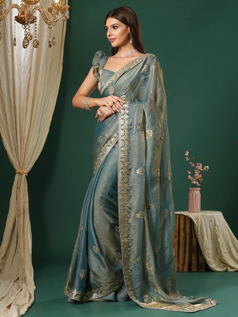 SAREE MALL Women's Teal blue Satin Silk Embroidered Saree With Unstitched Blouse (KRIYNS4003_KH) - Image 4