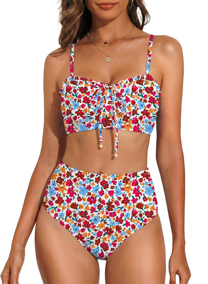 Herseas Women Two Piece Bikini Sets Floral Print Lace Up Front Top Wire Free Swim Suits Ruched Ruffle Trim Moderate Coverage 2026 Summer Bathing Suit Cruise Essentials Bright Multicolor Floral Medium - Image 1