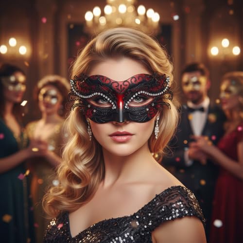BCARICH 2023 New Masquerade Mask with Rhinestone for Women, Girls' Costume Mask for Mardi Gras, New Year Party, Christmas (Red) - Image 2