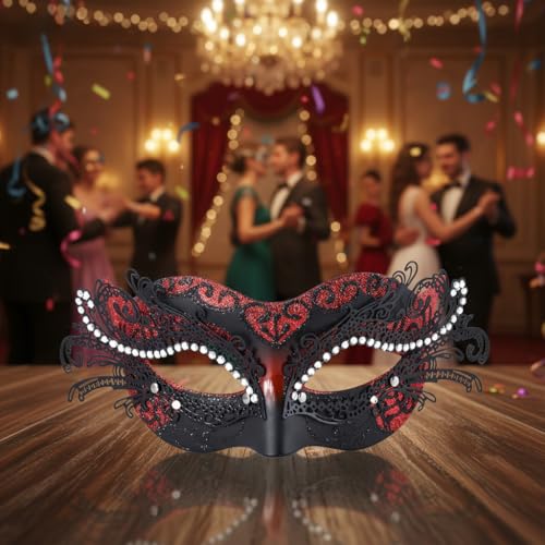 BCARICH 2023 New Masquerade Mask with Rhinestone for Women, Girls' Costume Mask for Mardi Gras, New Year Party, Christmas (Red) - Image 3