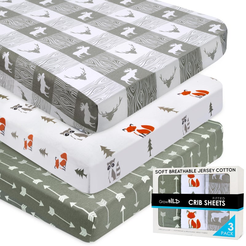 GrowWILD أوراق سرير مخصصة للجنسين (3 عبوات) من GROW WILD - أوراق سرير قطنية محبوكة جيرسي للأولاد أو البنات، 52 بوصة × 28 بوصة × 9 بوصة مجموعة أغطية سرير (مرح الغابة) - Image 1