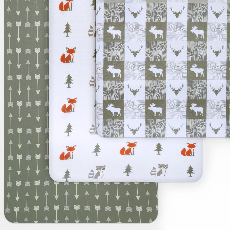 GrowWILD أوراق سرير مخصصة للجنسين (3 عبوات) من GROW WILD - أوراق سرير قطنية محبوكة جيرسي للأولاد أو البنات، 52 بوصة × 28 بوصة × 9 بوصة مجموعة أغطية سرير (مرح الغابة) - Image 2