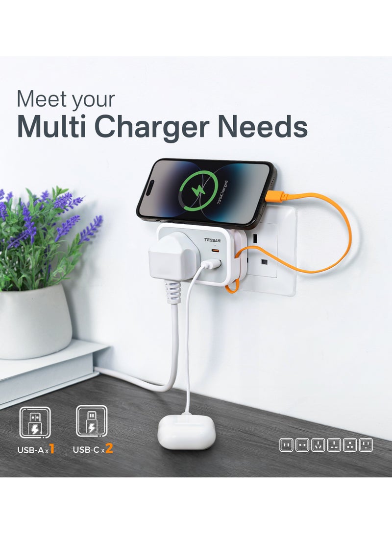 TESSAN Small Universal Wall Adapter with USB-C PD 20W, Universal Socket to UK Plug, Travel Charger with 1 USB-A, 1 USB-C Port & Built-in 30cm Type-C Cable for UK, Europe & Asia - Image 2