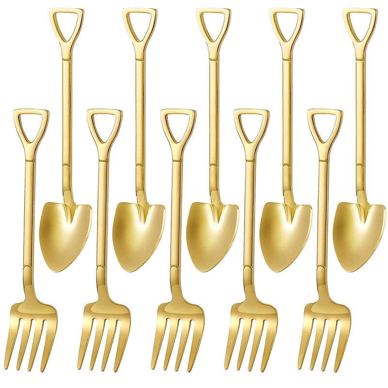 مجموعة ملاعق وشوك قهوة على شكل مجرفة ذهبية 10 قطع بطول 47 بوصة