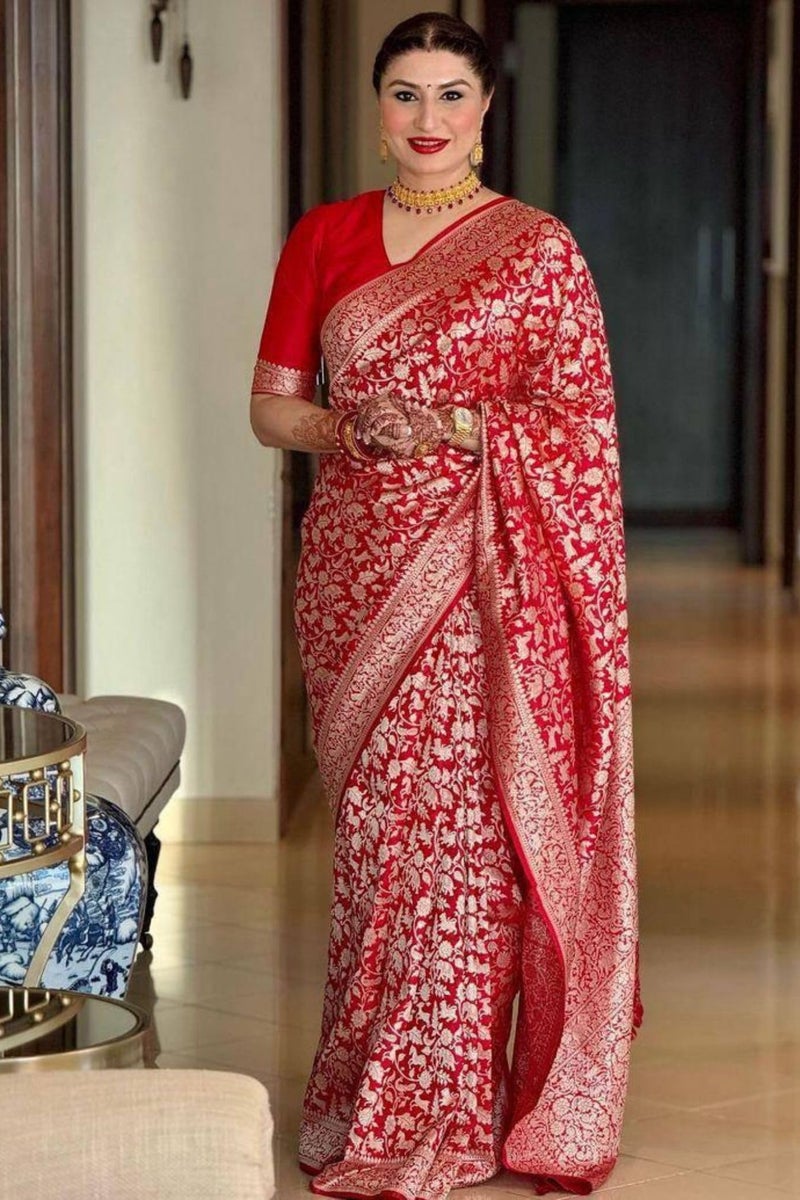 SGF11 Women's Kanjivaram Pure Soft Silk Saree With Unstitched Blouse Piece (Red) - Image 2