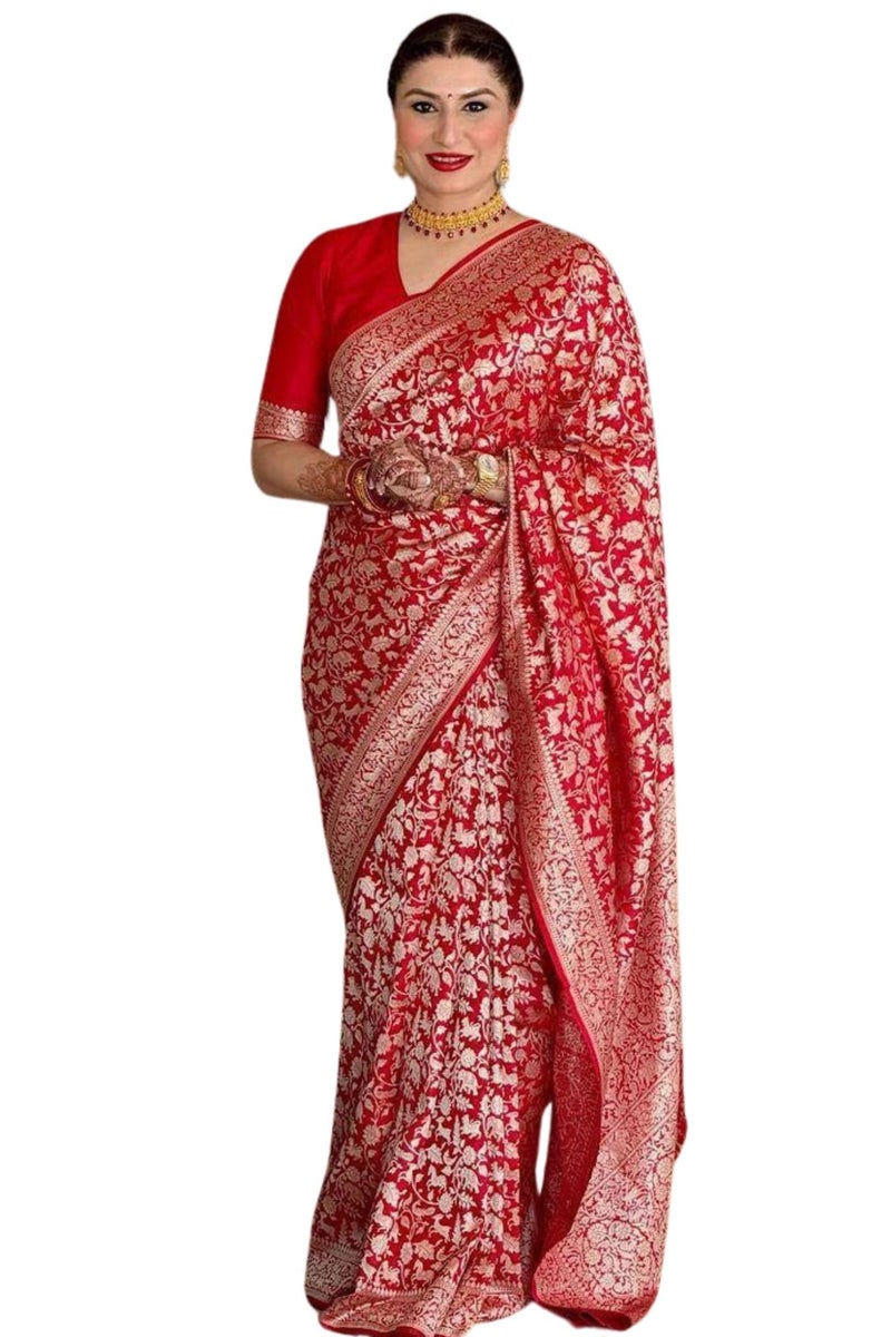 SGF11 Women's Kanjivaram Pure Soft Silk Saree With Unstitched Blouse Piece (Red) - Image 5