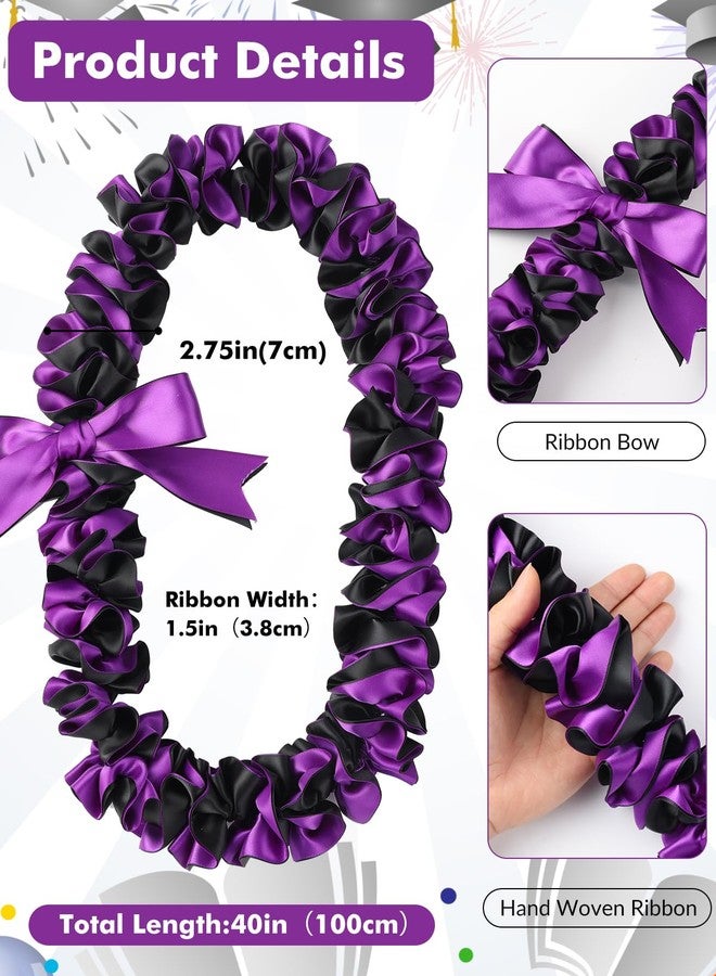 TFTAFAN Graduation Leis Class of 2026 Widened 1.5 inches Ribbon Handmade Double Braided Grad Flower Leis Graduation Supplies for Women and Men (Purple and black) - Image 2