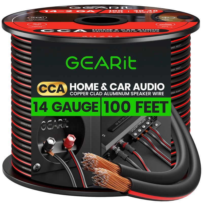 GearIT سلك مكبر الصوت 14AWG، سلك مكبر الصوت من سلسلة GearIT Pro قياس 14 AWG (100 قدم / 30.48 متر) استخدام رائع لمكبرات الصوت في المسرح المنزلي ومكبرات الصوت في السيارة باللون الأسود - Image 1