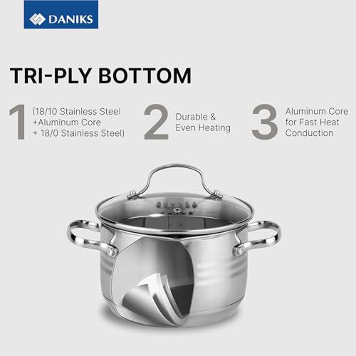 Daniks Tokio Stainless Steel Stock Pot 4.5 Quart, with Glass Strainer Lid, Induction Ready, Dishwasher Safe, Measuring Scale, Silver - Image 3