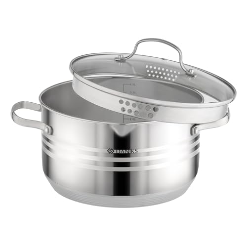 Daniks Tokio Stainless Steel Stock Pot 4.5 Quart, with Glass Strainer Lid, Induction Ready, Dishwasher Safe, Measuring Scale, Silver - Image 1