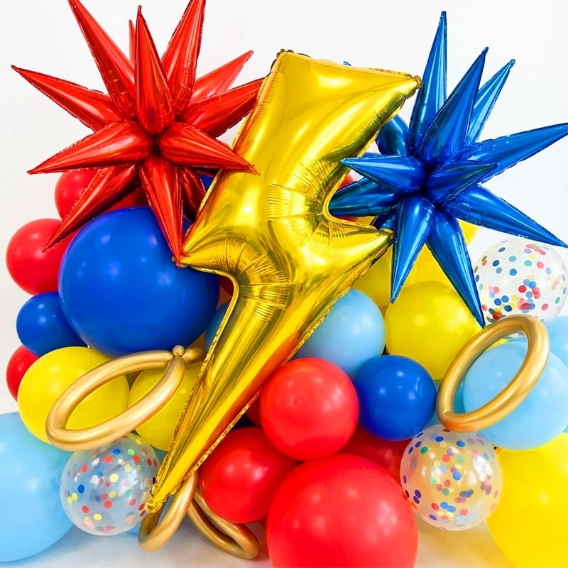 kozee Red Blue Yellow Hedgehog Birthday Party Decorations with small balloon arches & Star Lightning foil balloons & Banner go fast backdrop for video game Cartoon Movies Super hero themed party decor - Image 3