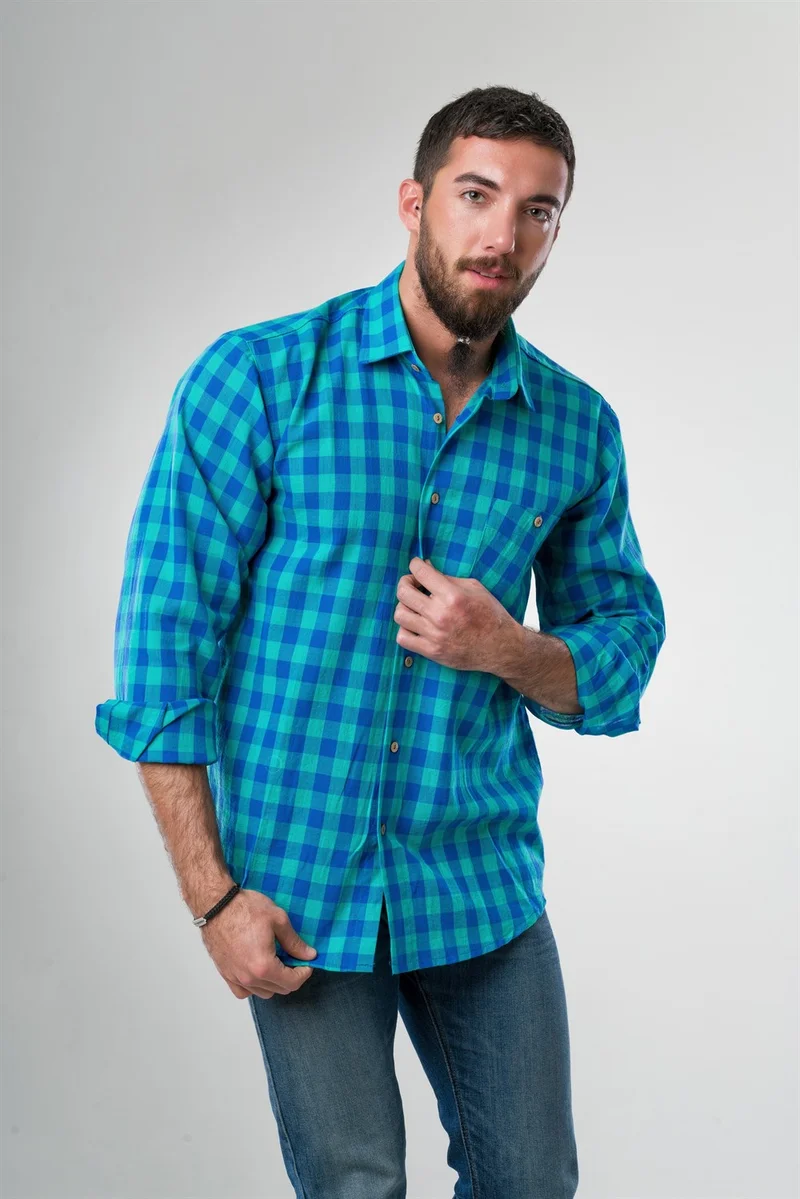 اليش شيل بيزي Long Sleeve Şile Cloth Single Pocket Men's Shirt Mint Check 3033