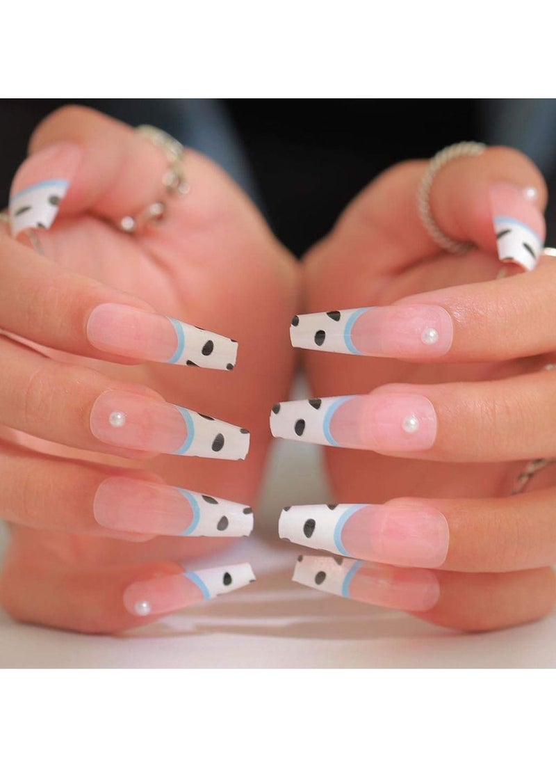 SYOSI Cow Print Nails Long Fake Nails with Pearl Glossy Press on Nails Coffin White False Nails Full Cover Artificia Nails for Women and Girls 24PCS/Set - Image 1