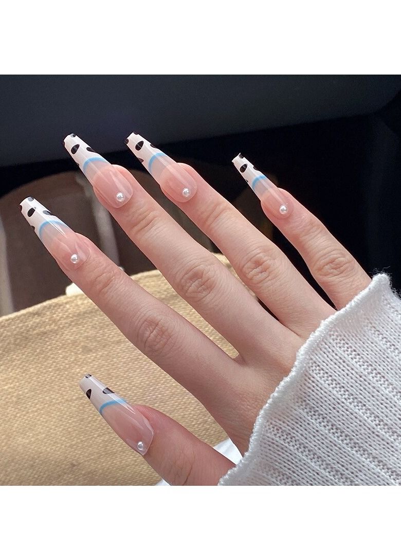 SYOSI Cow Print Nails Long Fake Nails with Pearl Glossy Press on Nails Coffin White False Nails Full Cover Artificia Nails for Women and Girls 24PCS/Set - Image 2