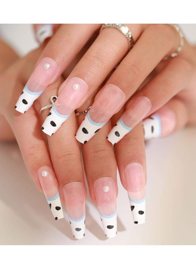 SYOSI Cow Print Nails Long Fake Nails with Pearl Glossy Press on Nails Coffin White False Nails Full Cover Artificia Nails for Women and Girls 24PCS/Set - Image 3